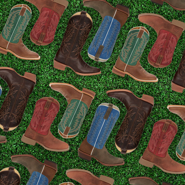 A collage of colorful western boots on top of green turf.
